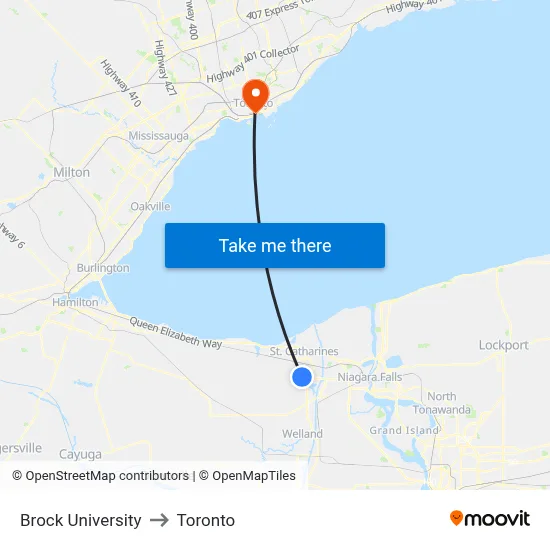 Brock University to Toronto map
