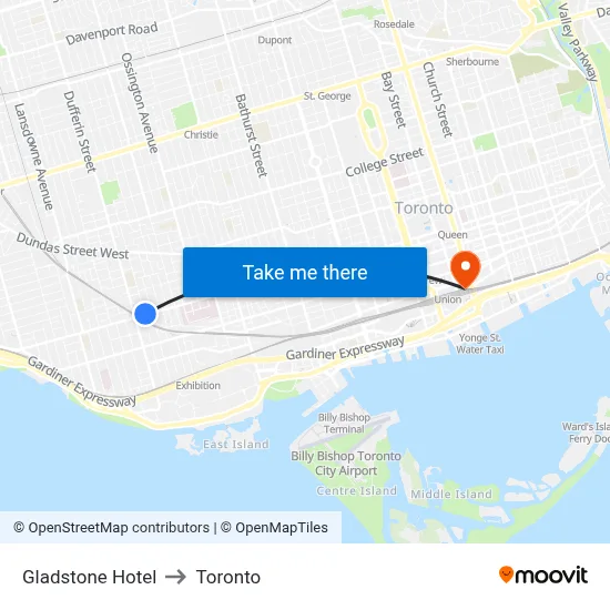 Gladstone Hotel to Toronto map
