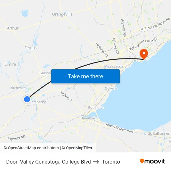 Doon Valley Conestoga College Blvd to Toronto map