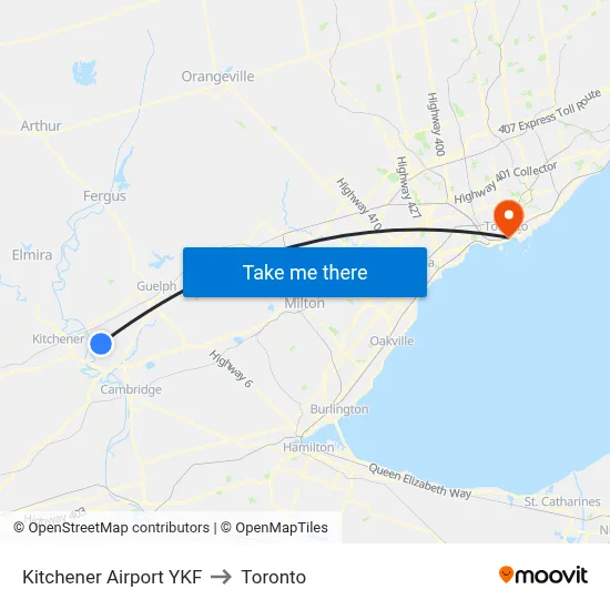 Kitchener Airport YKF to Toronto map