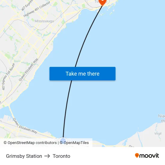 Grimsby Station to Toronto map