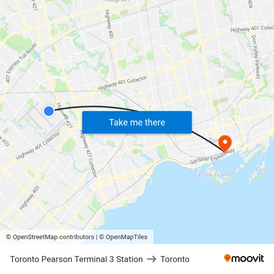Toronto Pearson Terminal 3 Station to Toronto map