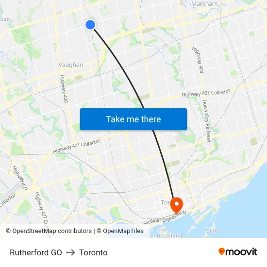 Rutherford GO to Toronto map