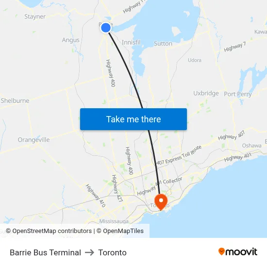 Barrie Bus Terminal to Toronto map