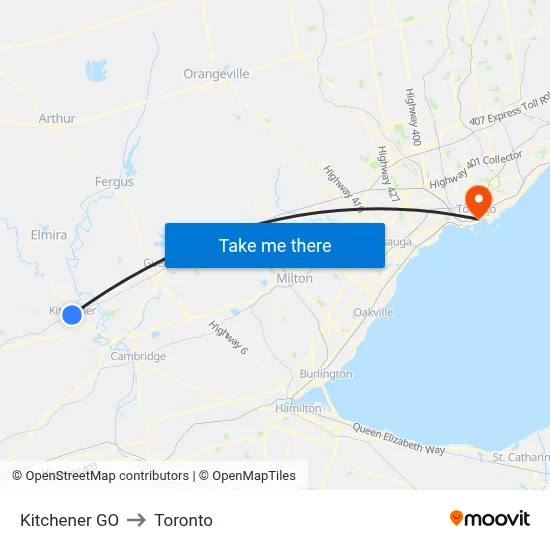 Kitchener GO to Toronto map