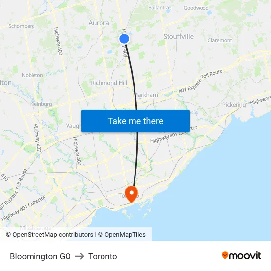 Bloomington GO to Toronto map