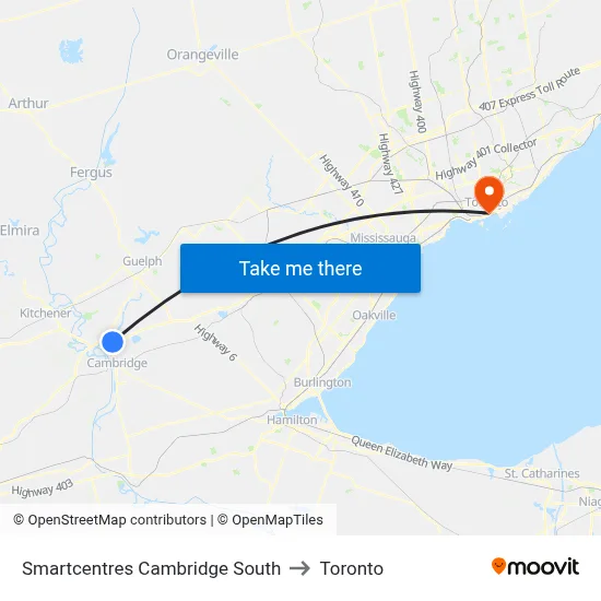 Smartcentres Cambridge South to Toronto map