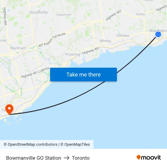 Bowmanville GO Station to Toronto map