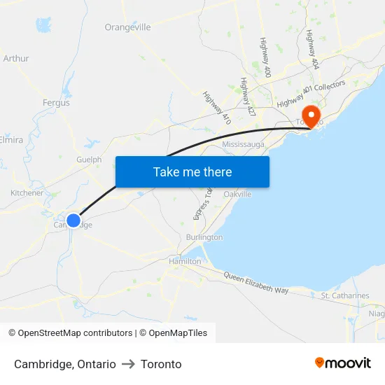 Cambridge, Ontario to Toronto map