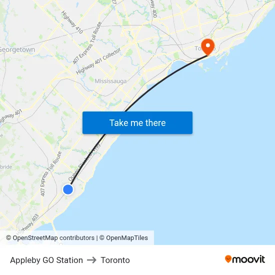 Appleby GO Station to Toronto map