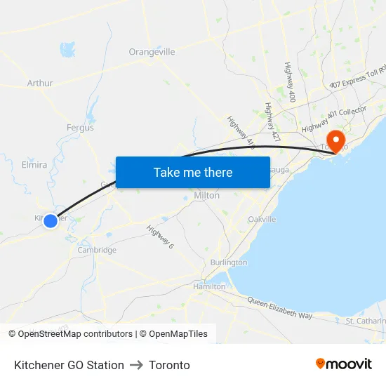 Kitchener GO Station to Toronto map