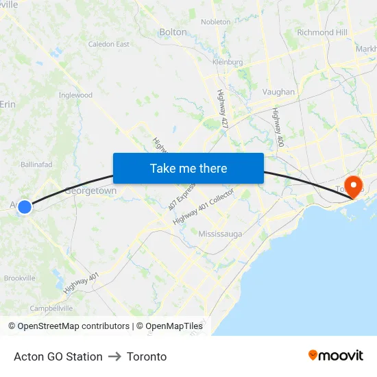 Acton GO Station to Toronto map