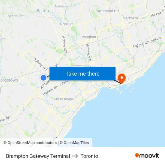 Brampton Gateway Terminal to Toronto map