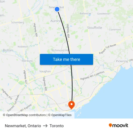 Newmarket, Ontario to Toronto map