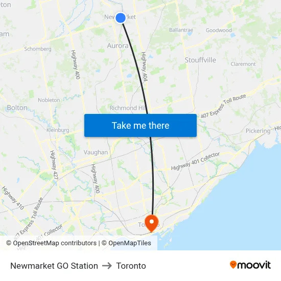 Newmarket GO Station to Toronto map