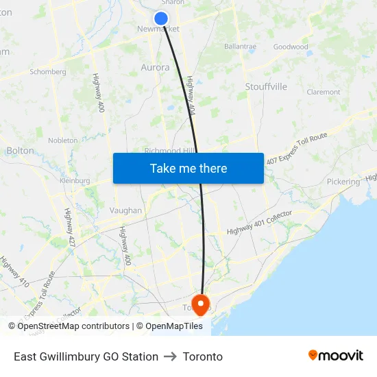 East Gwillimbury GO Station to Toronto map