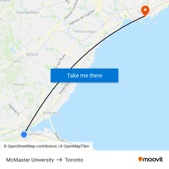 McMaster University to Toronto map