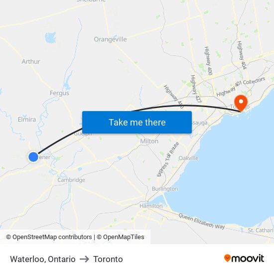 Waterloo, Ontario to Toronto map