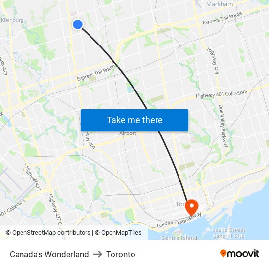 Canada's Wonderland to Toronto map