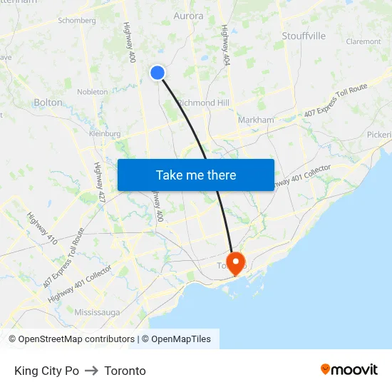King City Po to Toronto map