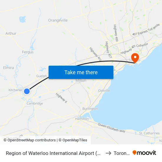 Region of Waterloo International Airport (YKF) to Toronto map