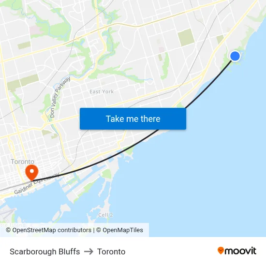 Scarborough Bluffs to Toronto map