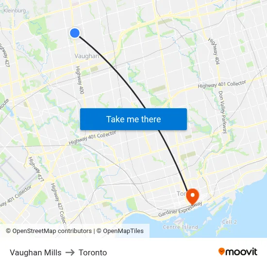 Vaughan Mills to Toronto map