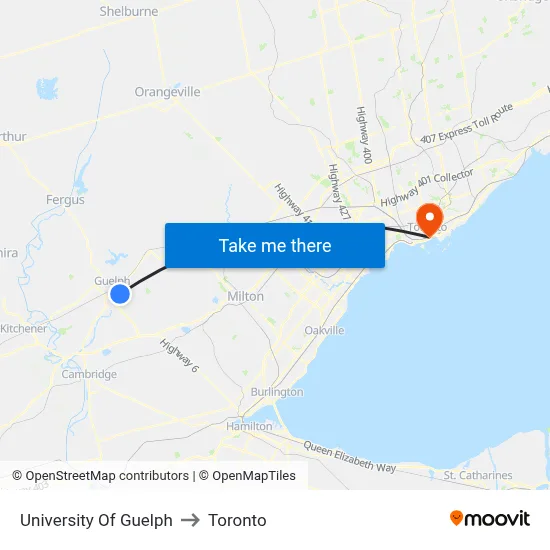 University Of Guelph to Toronto map