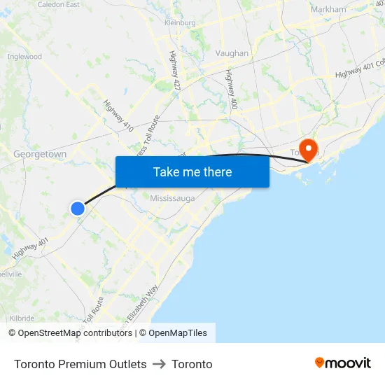 Toronto Premium Outlets to Toronto map