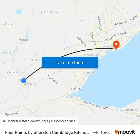 Four Points by Sheraton Cambridge Kitchener, Ontario to Toronto map