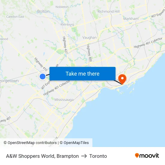 A&W Shoppers World, Brampton to Toronto map