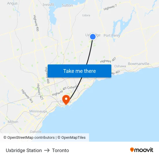 Uxbridge Station to Toronto map