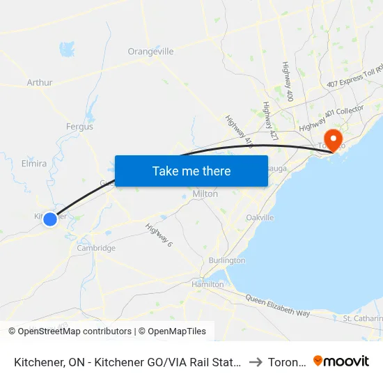 Kitchener, ON - Kitchener GO/VIA Rail Station to Toronto map
