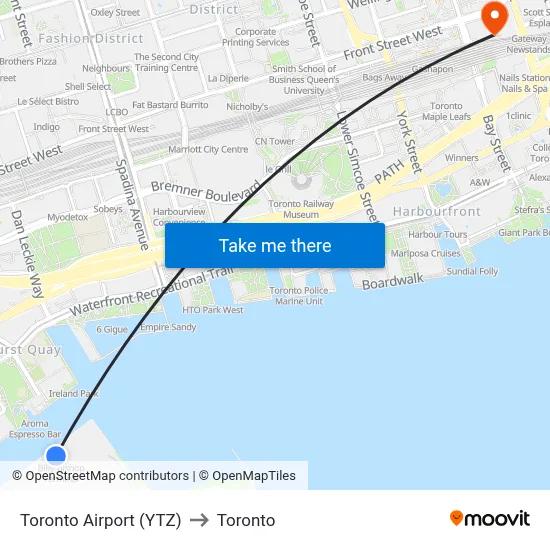 Toronto Airport (YTZ) to Toronto map