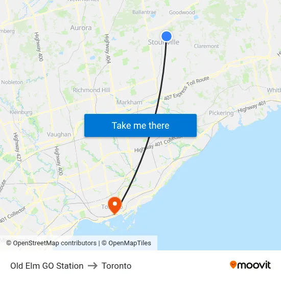Old Elm GO Station to Toronto map
