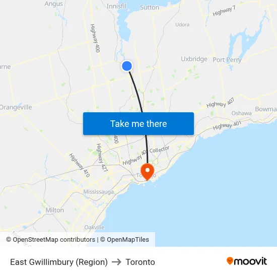 East Gwillimbury (Region) to Toronto map