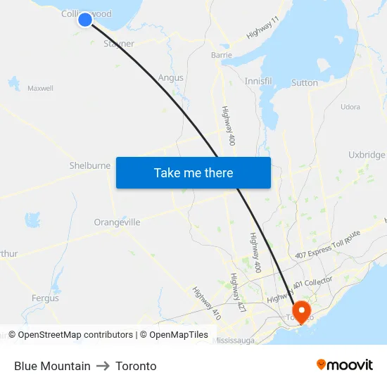 Blue Mountain to Toronto map