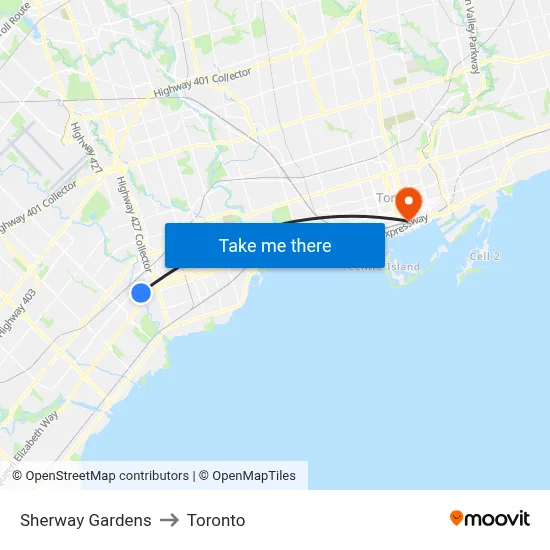 Sherway Gardens to Toronto map