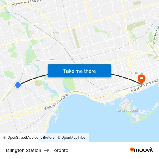 Islington Station to Toronto map