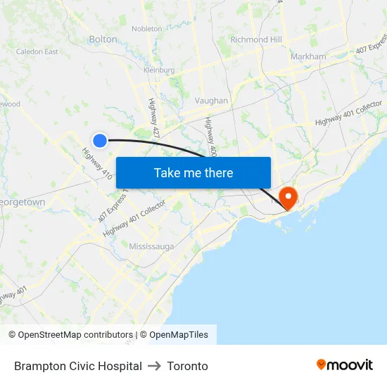 Brampton Civic Hospital to Toronto map