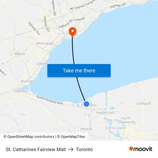 St. Catharines Fairview Mall to Toronto map