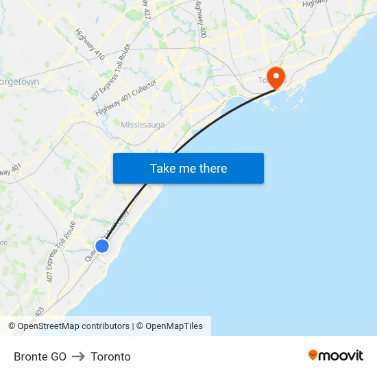 Bronte GO to Toronto map