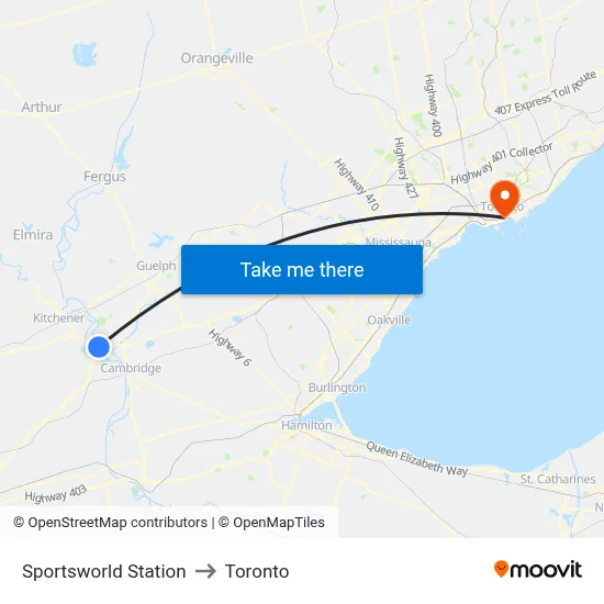 Sportsworld Station to Toronto map
