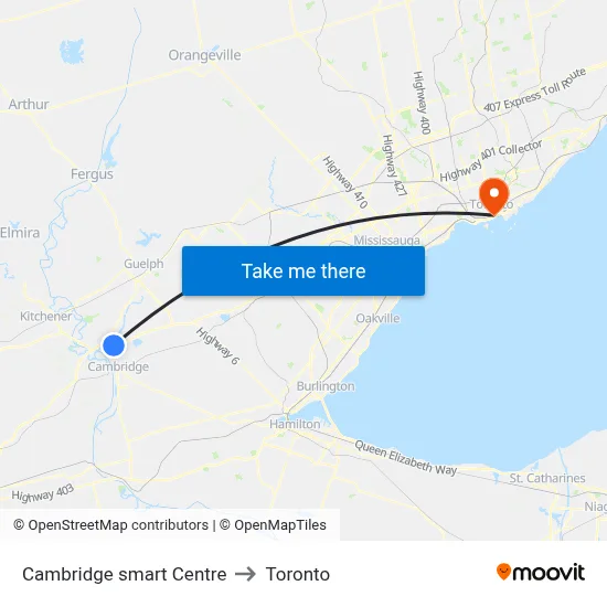 Cambridge smart Centre to Toronto map