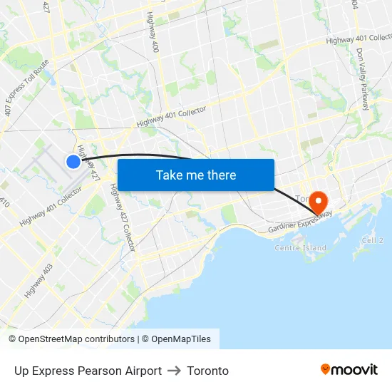 Up Express Pearson Airport to Toronto map