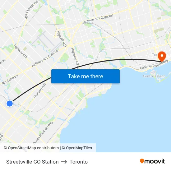 Streetsville GO Station to Toronto map