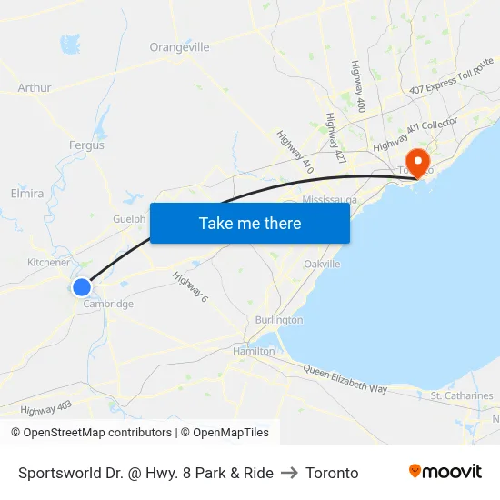 Sportsworld Dr. @ Hwy. 8 Park & Ride to Toronto map