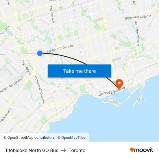 Etobicoke North GO Bus to Toronto map