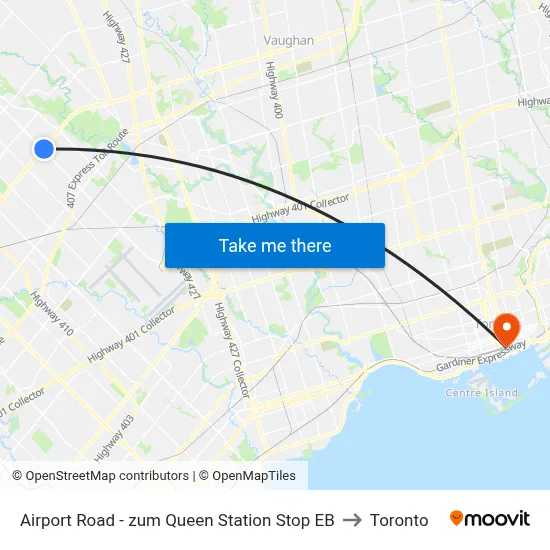 Airport Road - zum Queen Station Stop EB to Toronto map