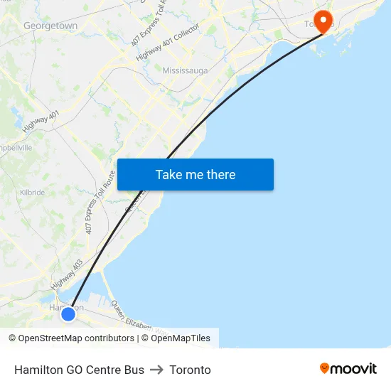 Hamilton GO Centre Bus to Toronto map